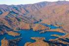 USA, North Carolina. Fall color Appalachian Mountains. Lake Santeetlah and dam Art Print